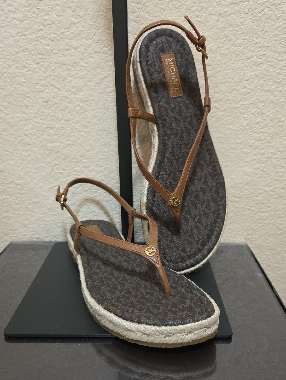 Michael Kors Brown & Tan Logo Espadrille Thong Sandals
